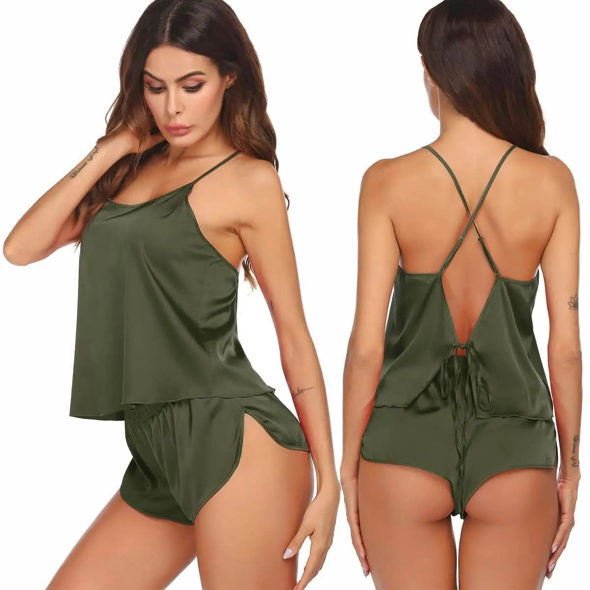 Silk Pajamas Set for Women Satin Backless Lingerie Pjs Cami Top and Shorts Nightwear - Love Salve